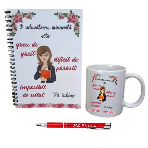Set agendă, cană si pix personalizate pentru educatoare