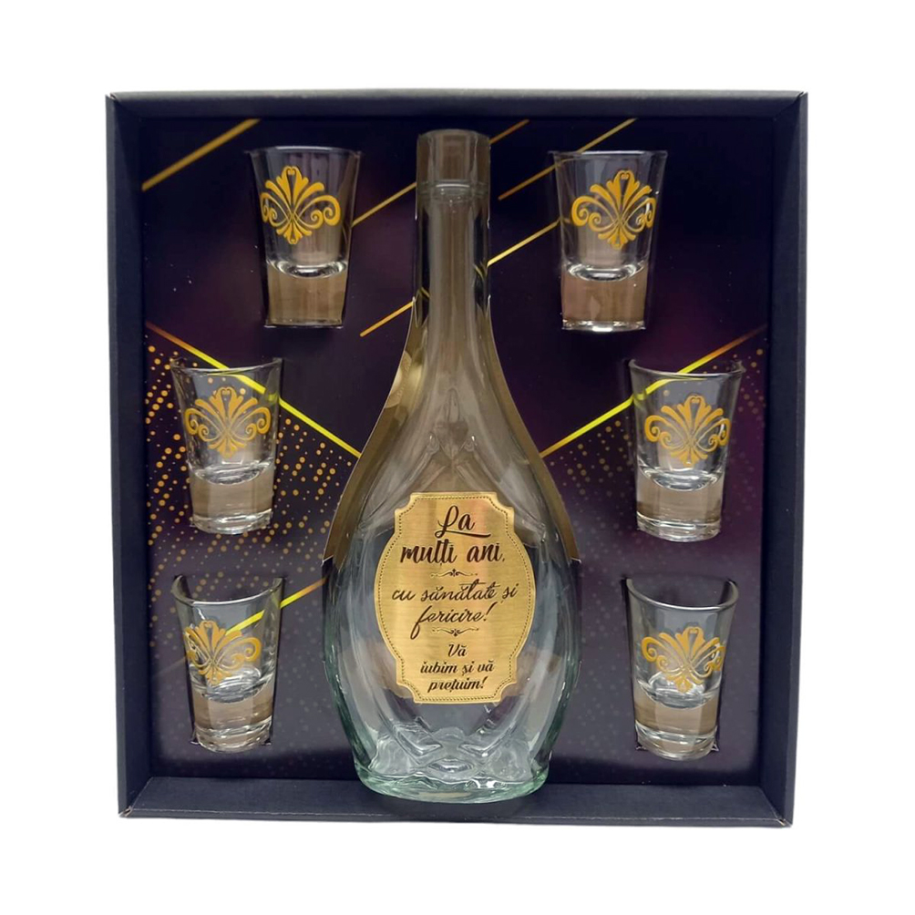 Set 6 pahare pentru tarie, cu sticla – La multi ani cu sanatate si fericire Set 6 pahare pentru tarie, cu sticla – La multi ani cu sanatate si fericire