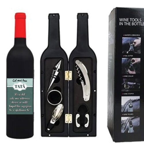 Set 5 accesorii vin in cutie in forma de sticla cu eticheta personalizata