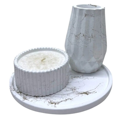 Set mic decorativ cu lumanare parfumata, vaza si suport, alb