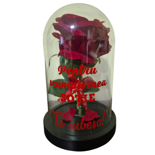 Trandafir artificial in cupola de plastic, cu mesaj pentru sotie