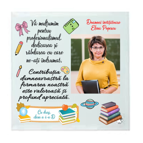Rama foto patrata din sticla personalizata cu mesaj pentru invatatoare
