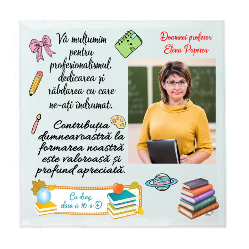 Rama foto patrata din sticla personalizata cu mesaj pentru profesor